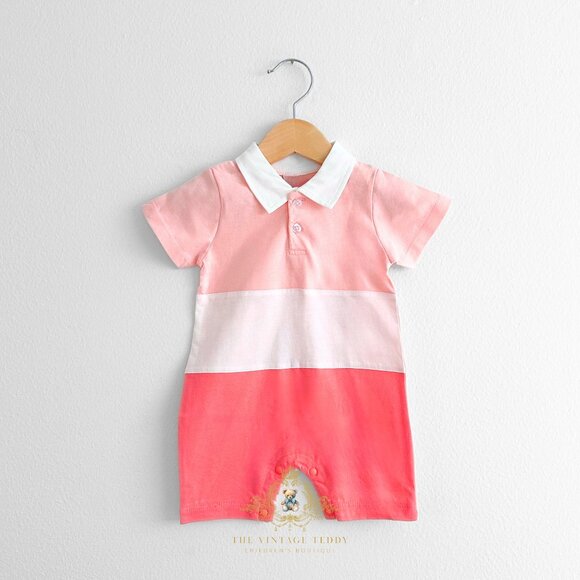 NWT Cute Unisex Oxford Short Sleeve One-Piece Romper Shorts Shades of Coral 3-6M
